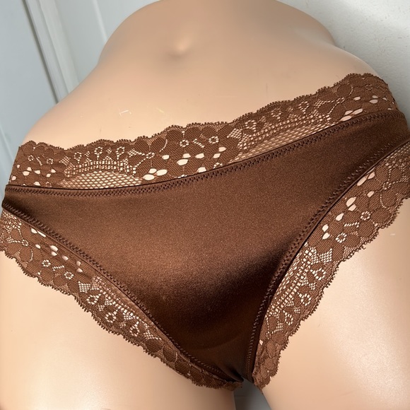 LAST PAIR! Silky Glossy Satin Lace Trim Chocolate Brown Cheeky Panty Sz S NWT - Picture 3 of 17